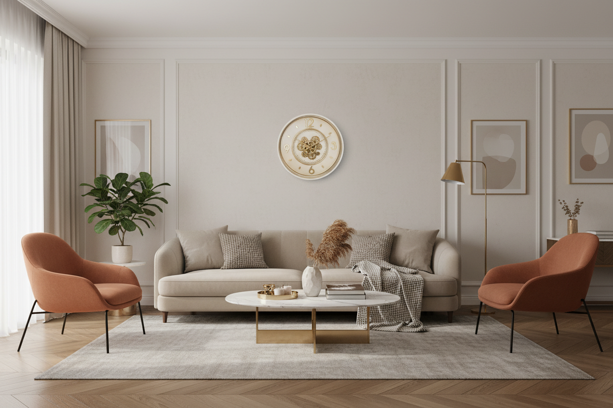 Relógio em sala contemporânea decorada com cortinados