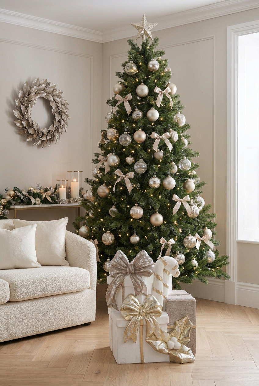 Árvore de Natal mais farfalhuda no canto da sala com base de presentes