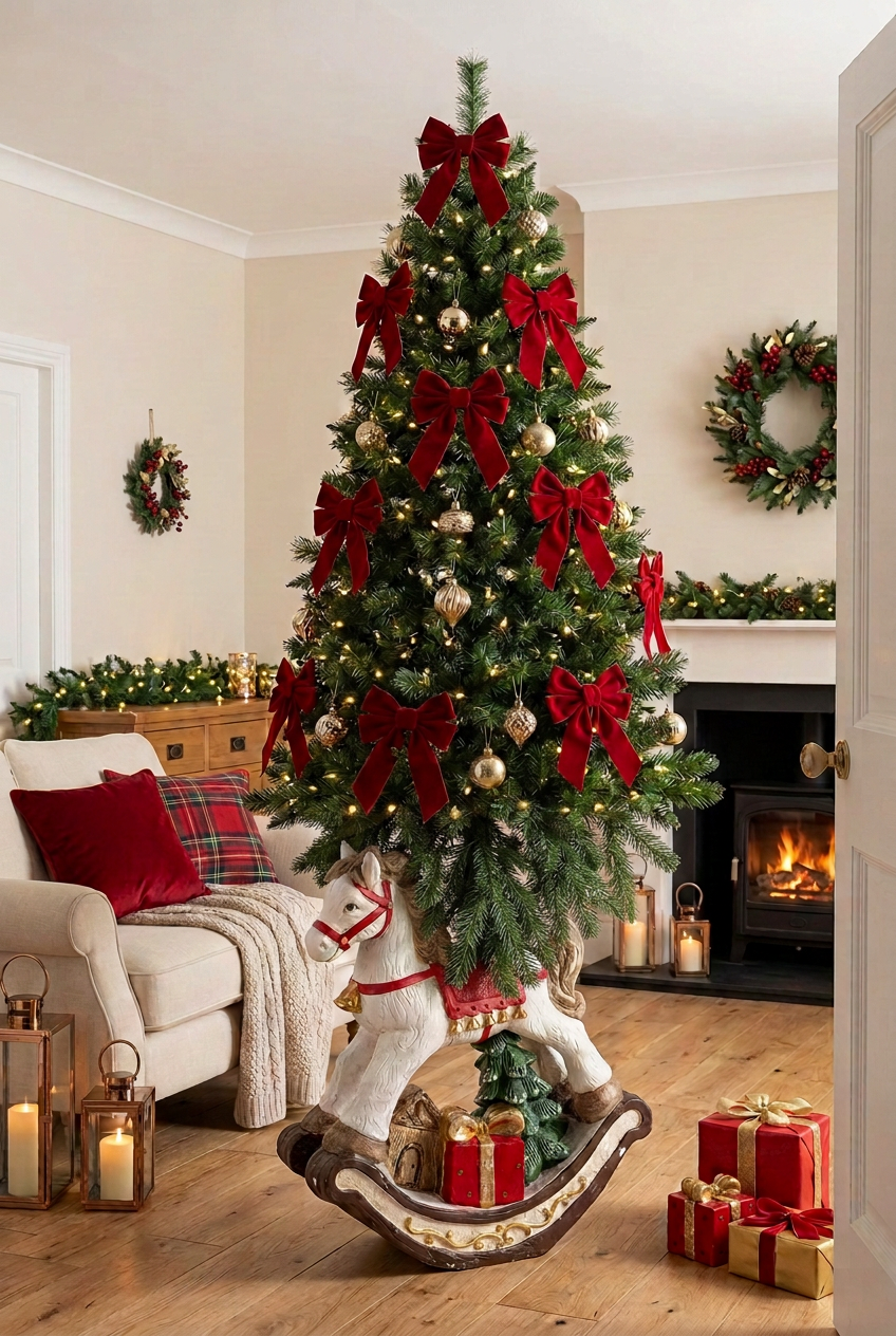 Árvore de Natal natural no canto da sala, com ramos a disfarçar o encaixe na base de cavalo