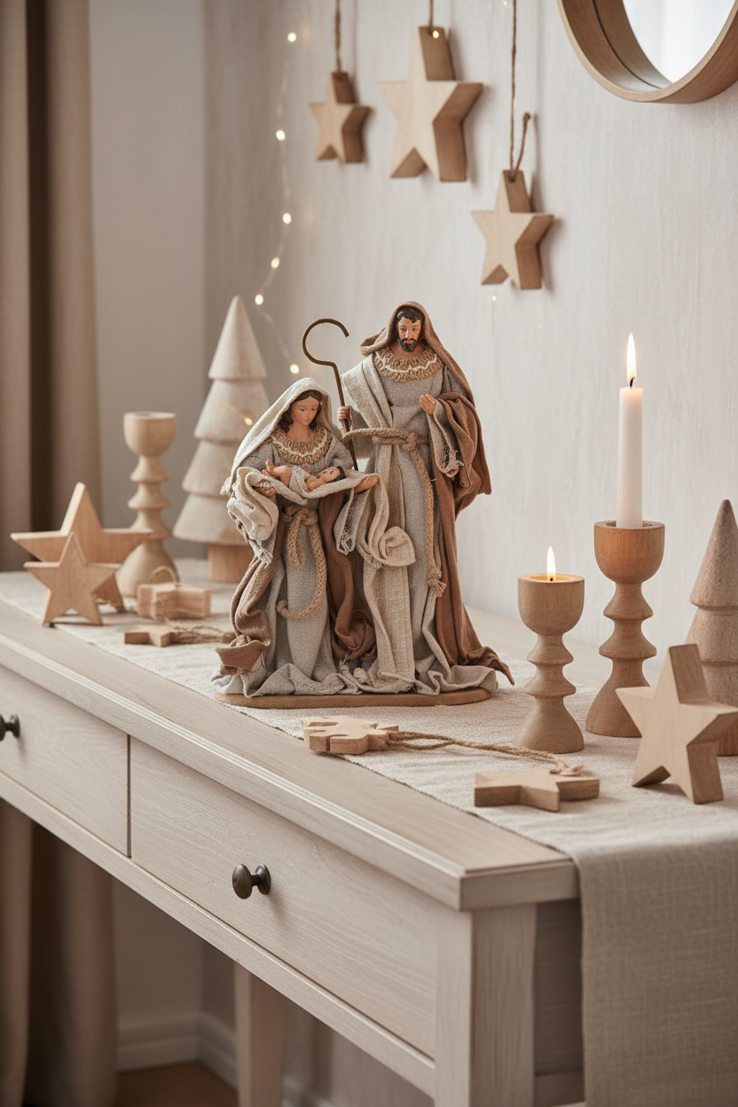 Sagrada Família com decorações de Natal em madeira