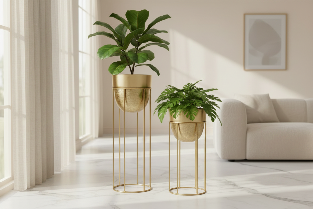 Set 2 Floreiras Douradas — Janelas com luz natural