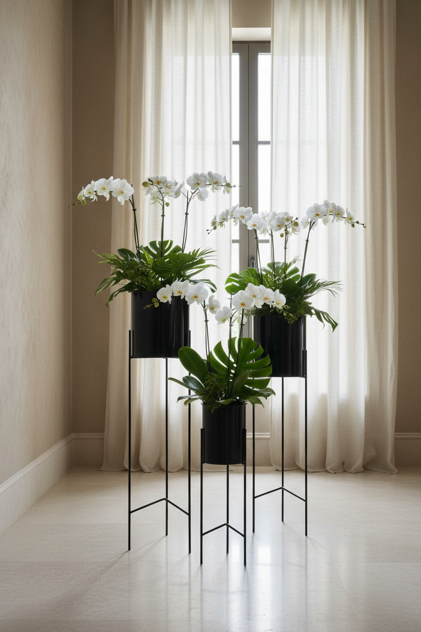 Set 3 Floreiras Pretas com cortinas e flores