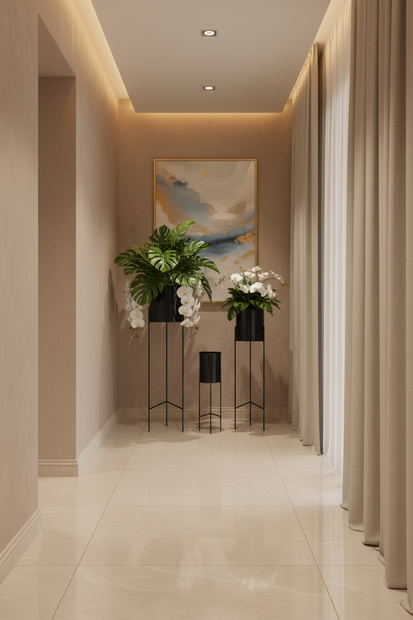 Set 3 Floreiras Pretas no fundo de corredor elegante