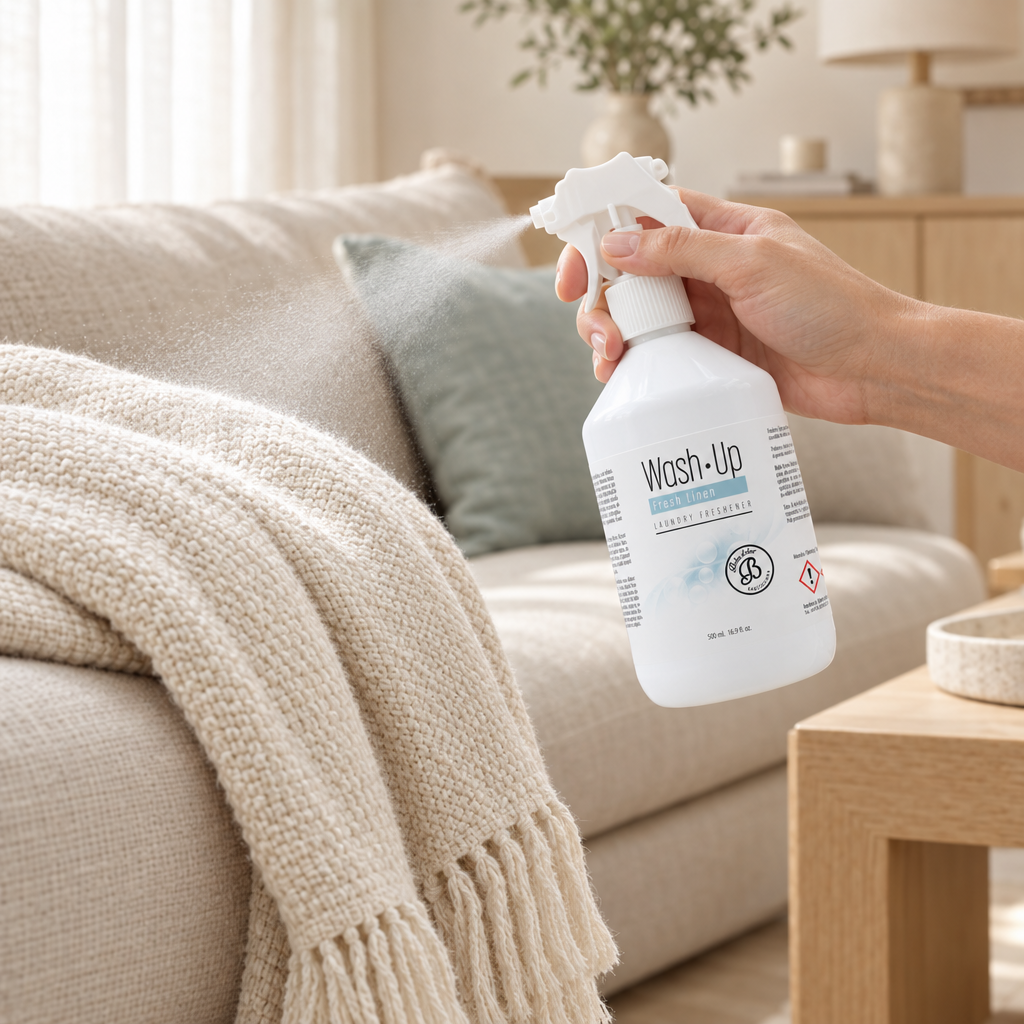 Spray Têxtil Fresh Linen a ser borrifado sobre uma manta num ambiente elegante