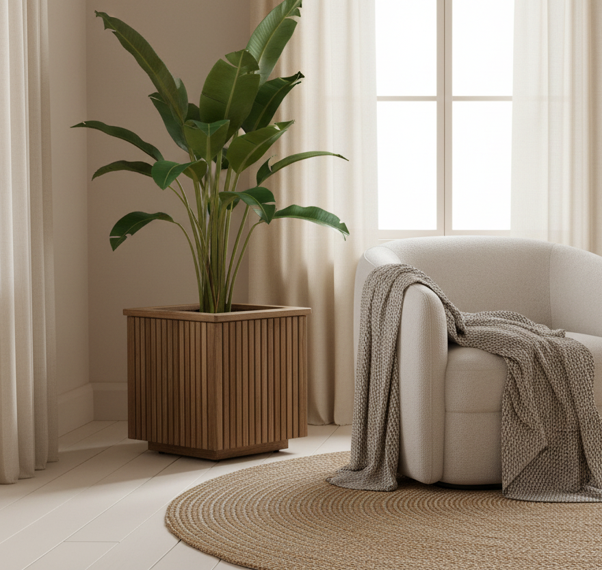 Suporte vaso teca em ambiente com têxteis e poltrona bouclé