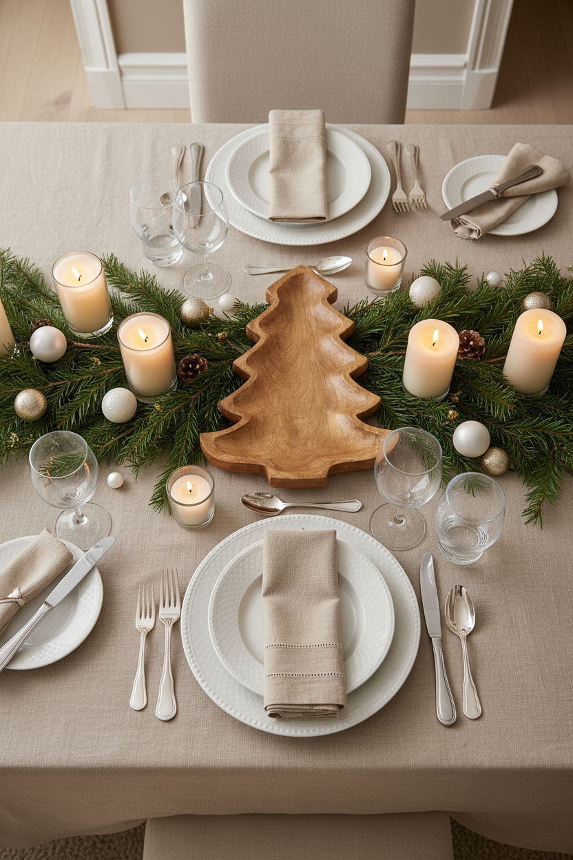 Tábua em forma de árvore de Natal em madeira natural em mesa festiva