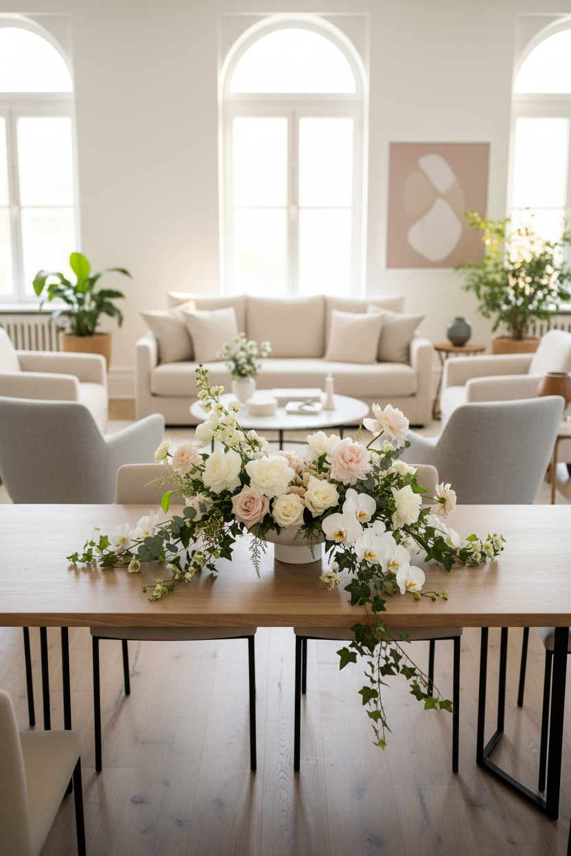 Taça branca e bege com arranjo floral caído