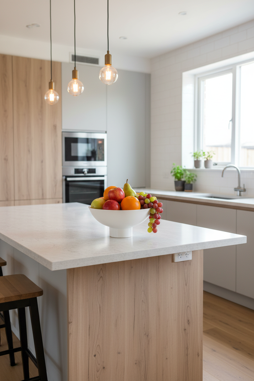 Taça branca e bege com fruta na cozinha