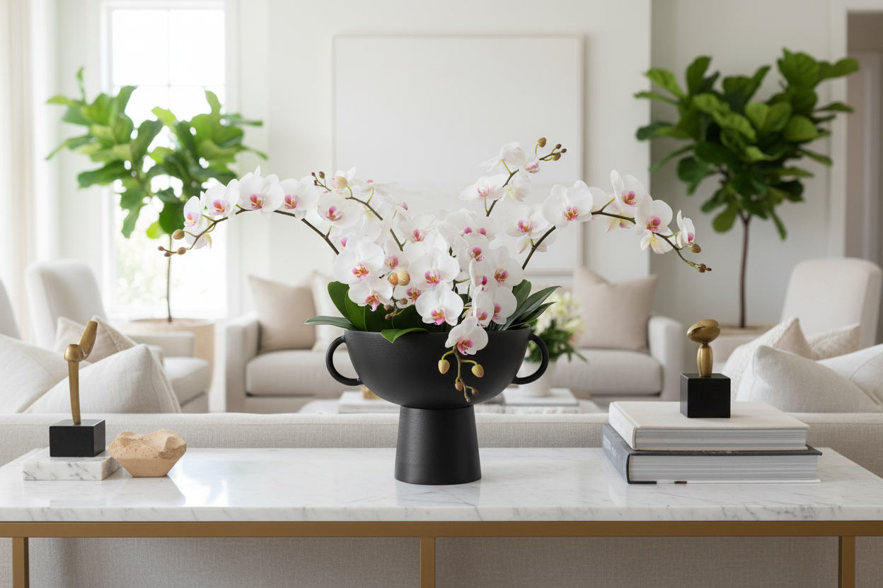 Taça com arranjo de orquídeas
