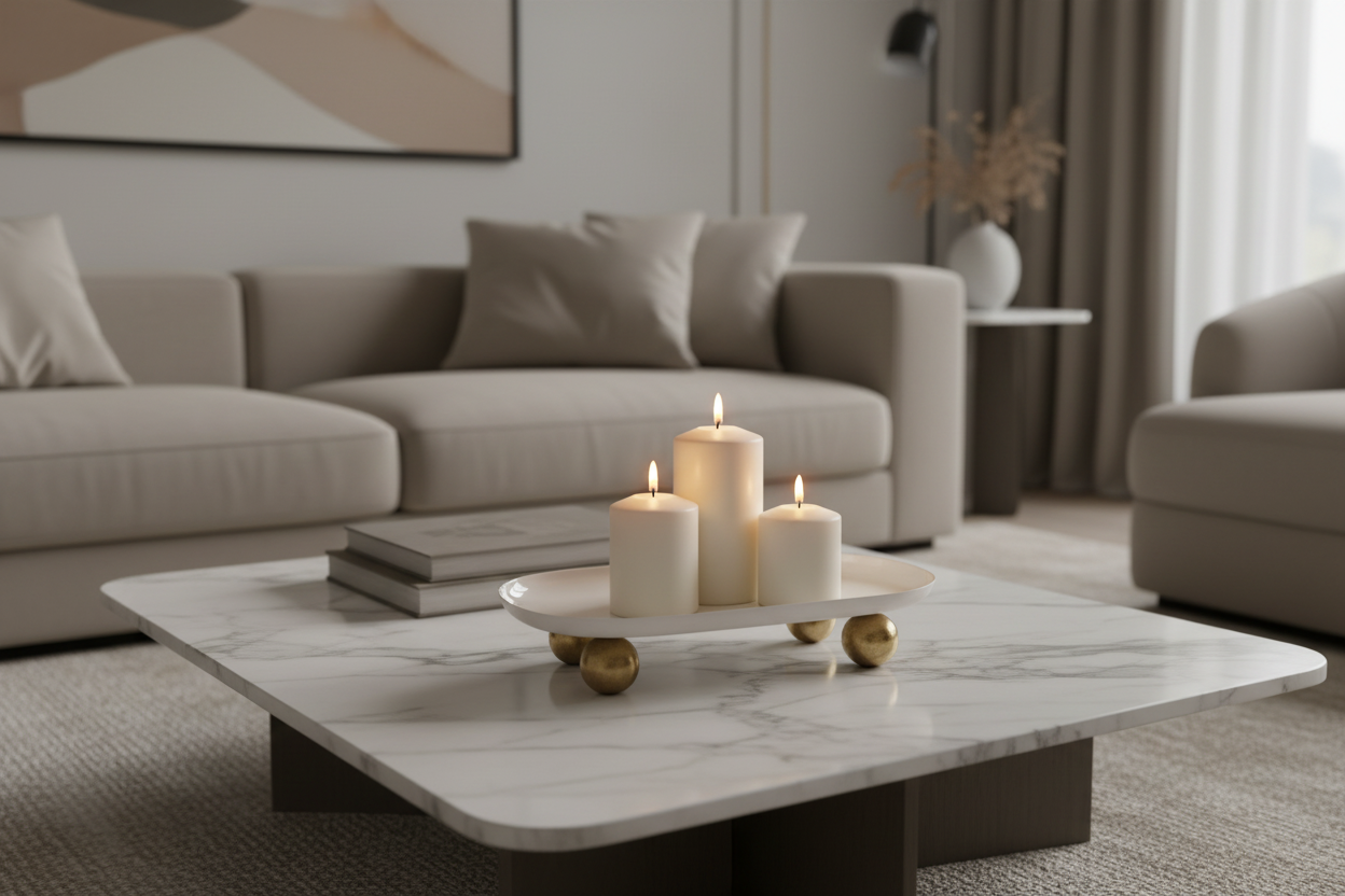 Tabuleiro branco com velas em cima da mesa