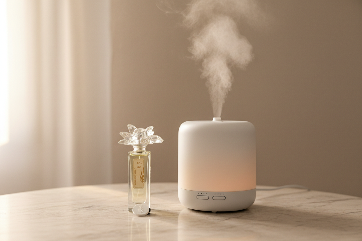 Talco perfume concentrado ao lado de humidificador