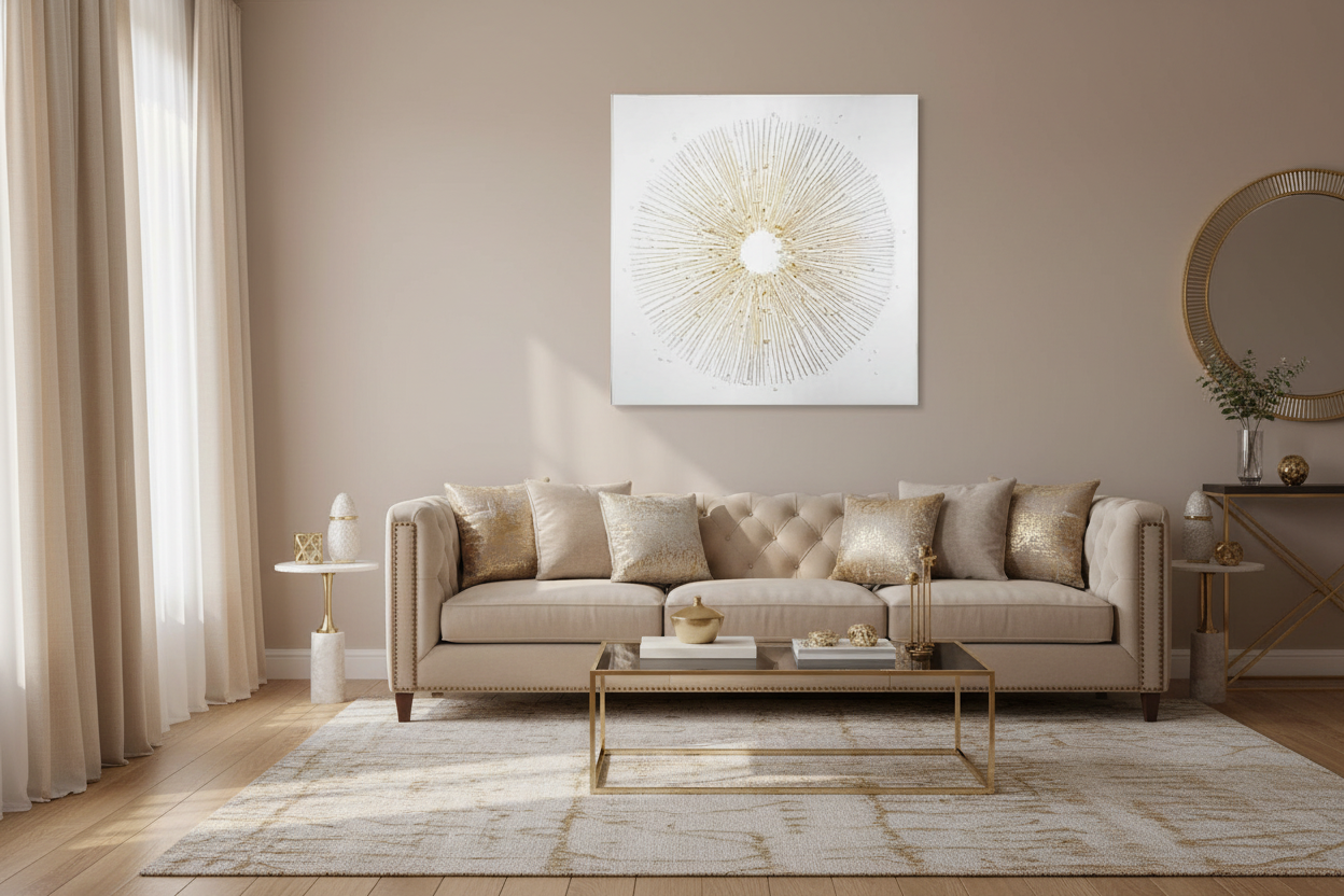 Quadro quadradro branco e dourado 100x100 cm