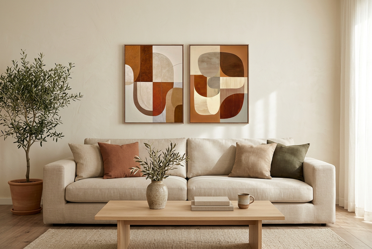 Telas sobre sofá de linho bege numa sala contemporânea