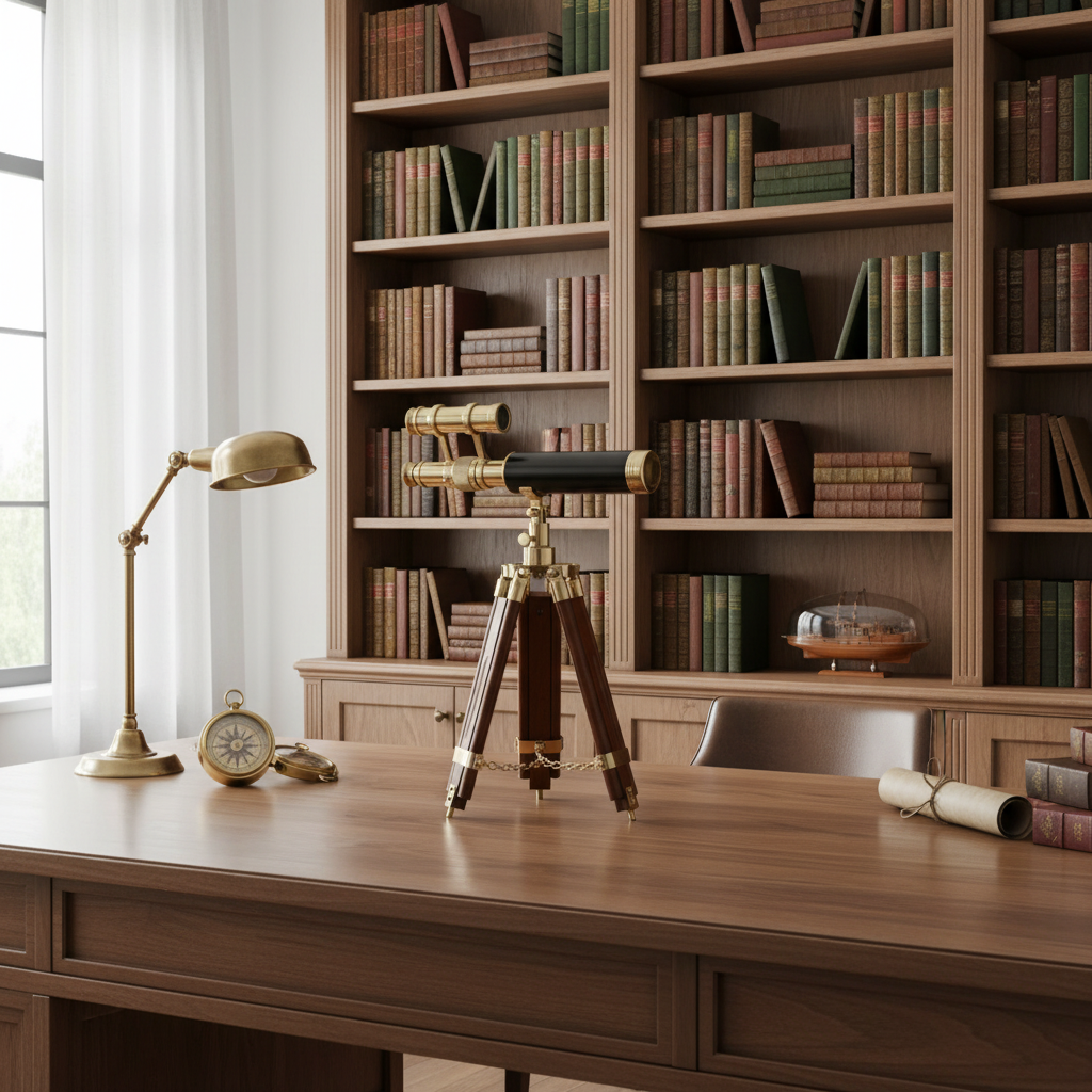 Telescópio náutico dourado em escritório sofisticado