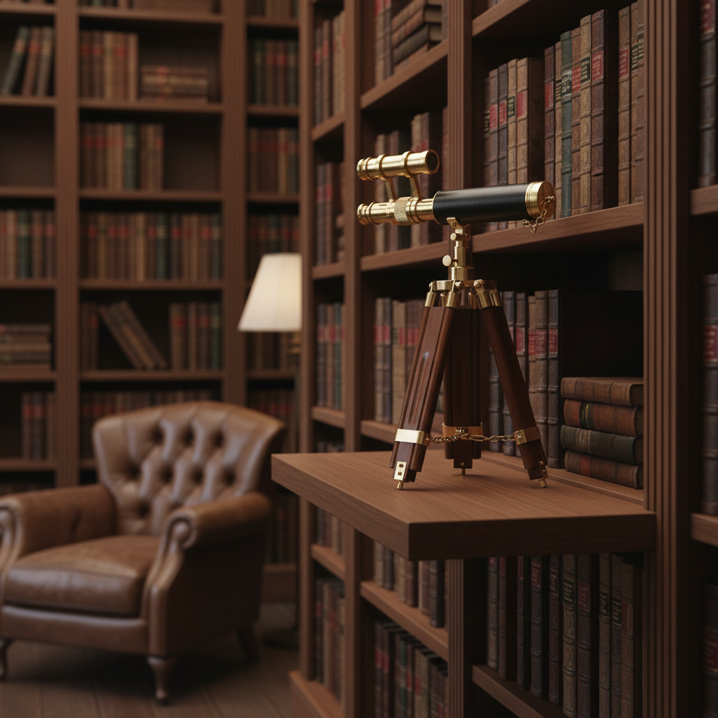 Telescópio náutico em biblioteca de luxo