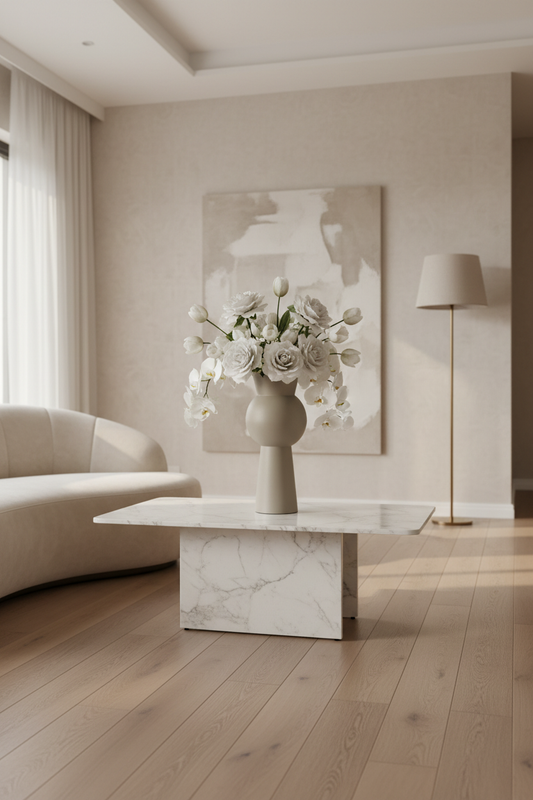 Uma jarra bege com flores brancas