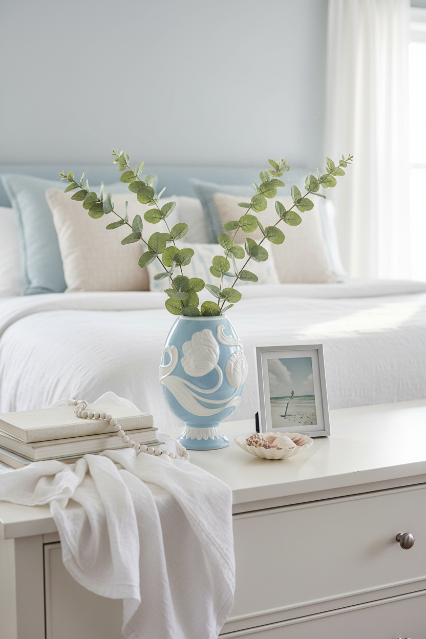 Vaso com eucalipto em cómoda