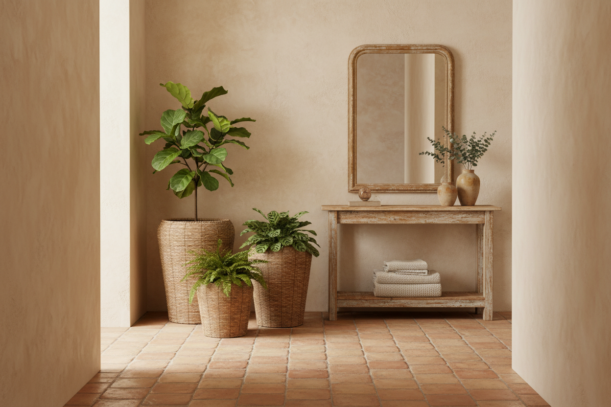 Vasos de rattan ao fundo de corredor campestre