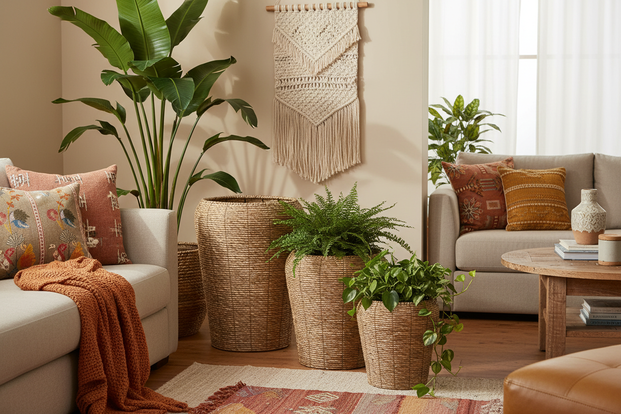 Vasos de rattan com plantas no canto da sala boho