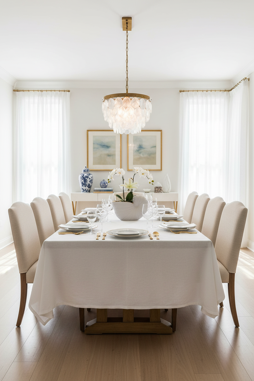 Vista geral da sala de jantar com centro de mesa caracol