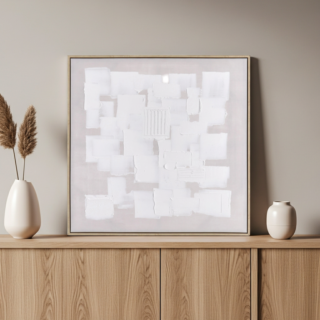 Quadro pintura texturada bege e branco 82x82cm